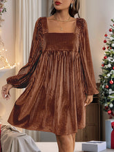 Pleated Shiny Solid Color Tied Velvet A-Line Long Sleeves Square-Neck Mini Dresses
